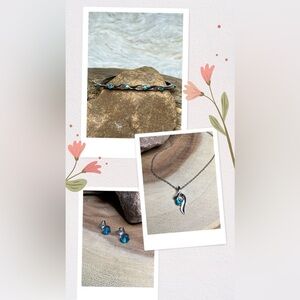 Set: Aquamarine crystal/silver wisp necklace with earrings and bracelet